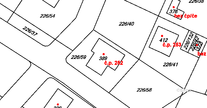 Písková Lhota 252 na parcele st. 389 v KÚ Písková Lhota, Katastrální mapa