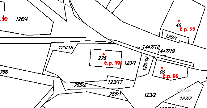Kozlov 191 na parcele st. 278 v KÚ Kozlov u Jihlavy, Katastrální mapa