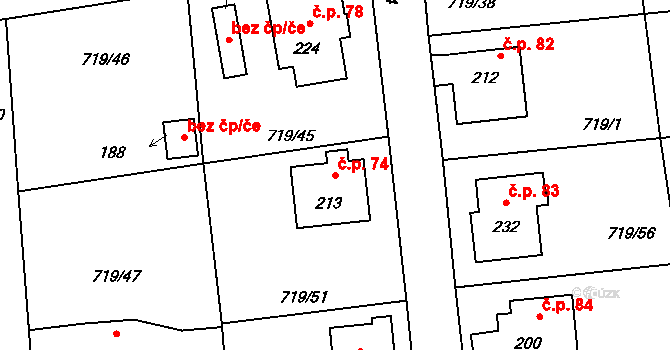 Horušany 74, Soběkury na parcele st. 213 v KÚ Horušany, Katastrální mapa