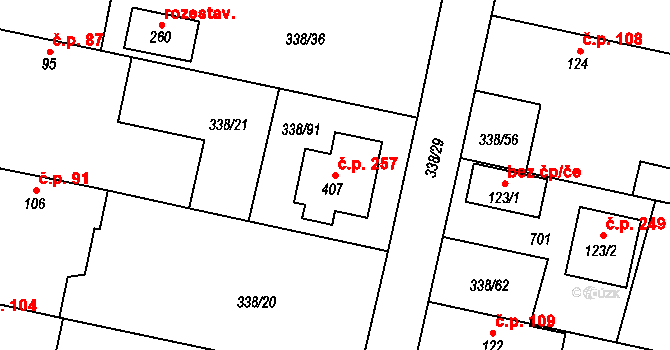 Semčice 257 na parcele st. 407 v KÚ Semčice, Katastrální mapa