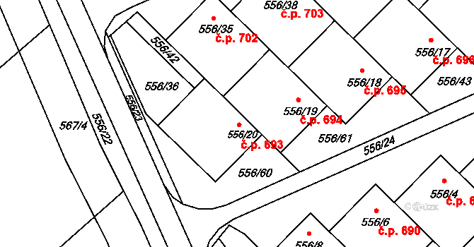 Chropyně 693 na parcele st. 556/20 v KÚ Chropyně, Katastrální mapa