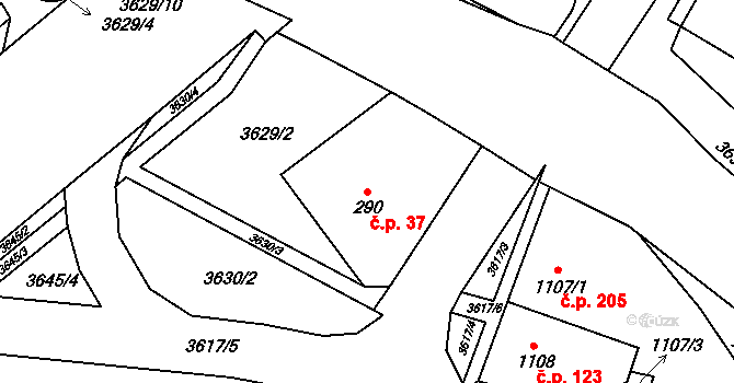 Vyškov-Předměstí 37, Vyškov na parcele st. 290 v KÚ Vyškov, Katastrální mapa