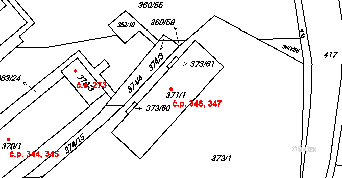 Rousínov 346,347 na parcele st. 371/1 v KÚ Rousínov u Vyškova, Katastrální mapa