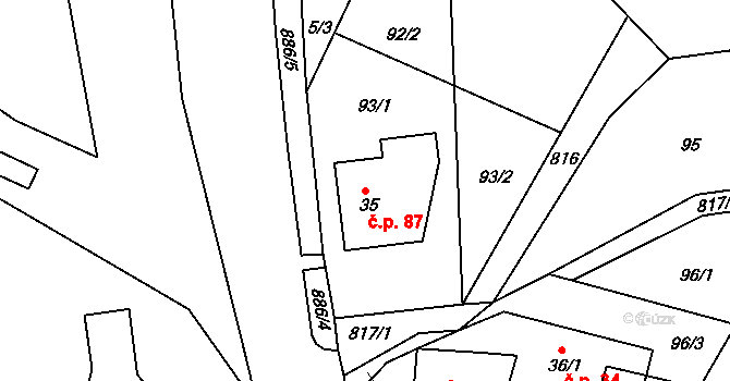 Habartice 87 na parcele st. 35 v KÚ Habartice u Frýdlantu, Katastrální mapa