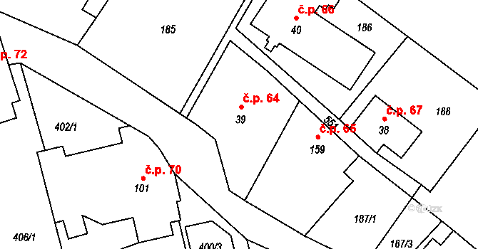 Prácheň 64, Kamenický Šenov na parcele st. 39 v KÚ Prácheň, Katastrální mapa