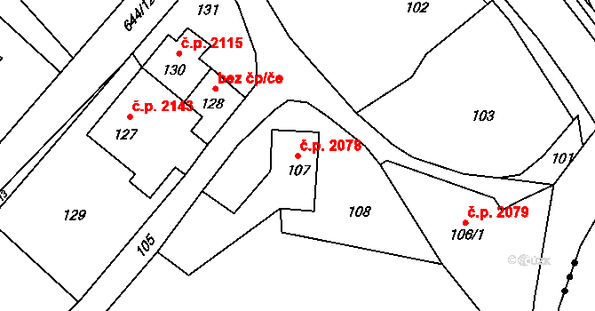 Rožnov pod Radhoštěm 2078 na parcele st. 107 v KÚ Hážovice, Katastrální mapa