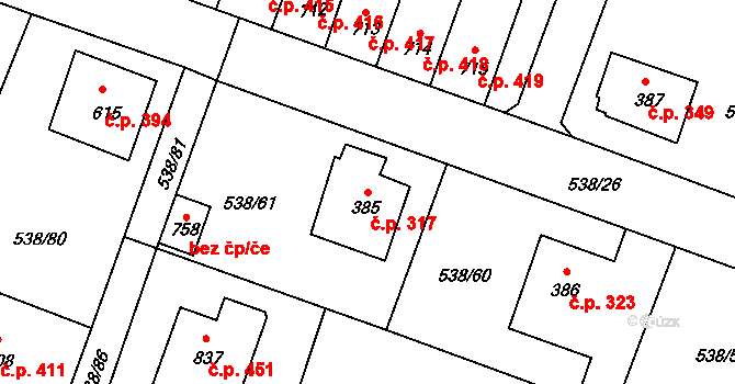 Chýnov 317 na parcele st. 385 v KÚ Chýnov u Tábora, Katastrální mapa