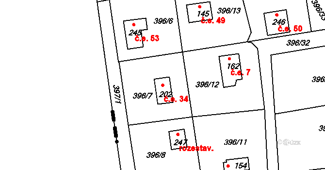 Sudoměřice u Tábora 34 na parcele st. 202 v KÚ Sudoměřice u Tábora, Katastrální mapa