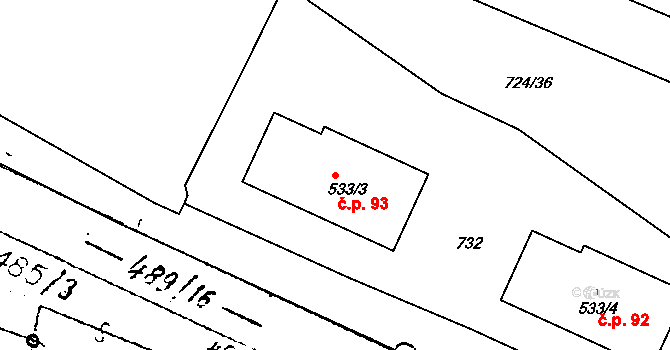 Chvalovice 93 na parcele st. 533/3 v KÚ Chvalovice, Katastrální mapa