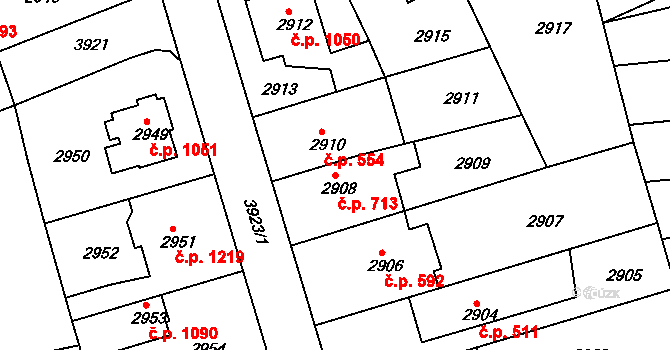 Modřany 713, Praha na parcele st. 2908 v KÚ Modřany, Katastrální mapa