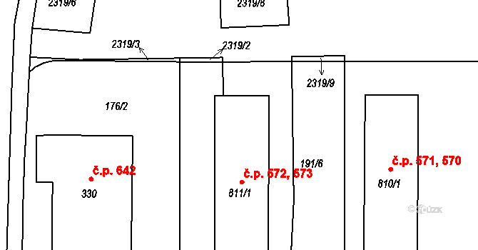Rožmitál pod Třemšínem 572,573 na parcele st. 811/1 v KÚ Rožmitál pod Třemšínem, Katastrální mapa