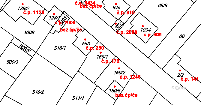 Sezimovo Ústí 172 na parcele st. 150/1 v KÚ Sezimovo Ústí, Katastrální mapa