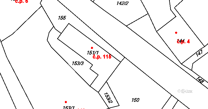 Dobranov 115, Česká Lípa na parcele st. 151/1 v KÚ Dobranov, Katastrální mapa