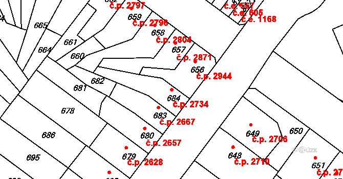 Chomutov 2734 na parcele st. 684 v KÚ Chomutov II, Katastrální mapa
