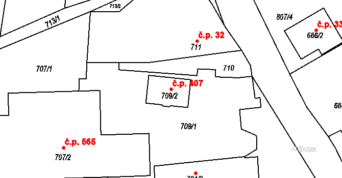 Senec 407, Zruč-Senec na parcele st. 709/2 v KÚ Senec u Plzně, Katastrální mapa