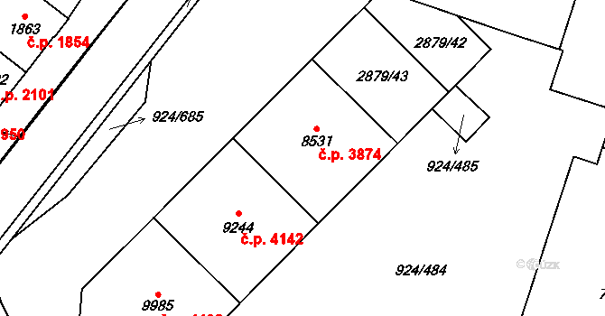 Hodonín 3874 na parcele st. 8531 v KÚ Hodonín, Katastrální mapa