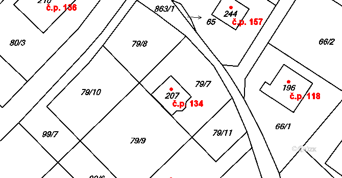 Čavisov 134 na parcele st. 207 v KÚ Čavisov, Katastrální mapa