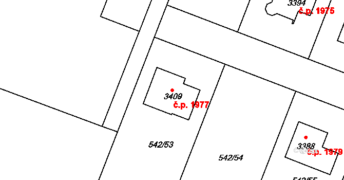 Nový Bydžov 1977 na parcele st. 3409 v KÚ Nový Bydžov, Katastrální mapa