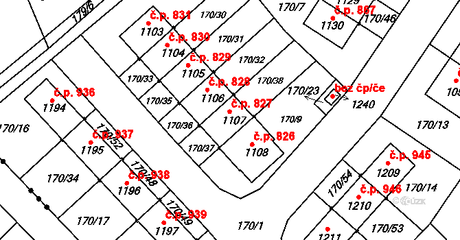 Líbeznice 827 na parcele st. 1107 v KÚ Líbeznice, Katastrální mapa