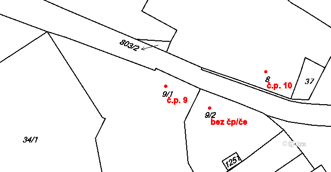 Liboměřice 9 na parcele st. 9/1 v KÚ Liboměřice, Katastrální mapa