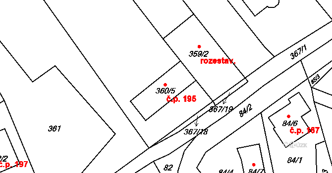 Rebešovice 195 na parcele st. 360/5 v KÚ Rebešovice, Katastrální mapa