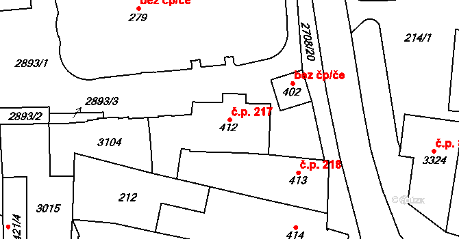 Choceň 217 na parcele st. 412 v KÚ Choceň, Katastrální mapa