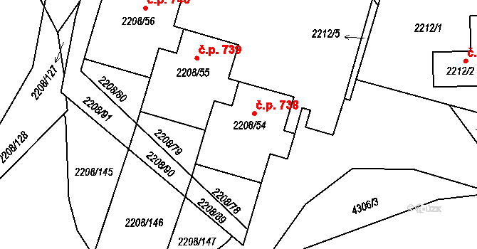 Veselí nad Lužnicí II 738, Veselí nad Lužnicí na parcele st. 2208/54 v KÚ Veselí nad Lužnicí, Katastrální mapa
