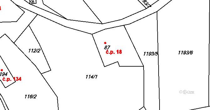 Hynčina 18 na parcele st. 87 v KÚ Hynčina, Katastrální mapa