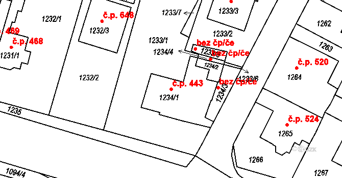 Mohelnice 443 na parcele st. 1234/1 v KÚ Mohelnice, Katastrální mapa