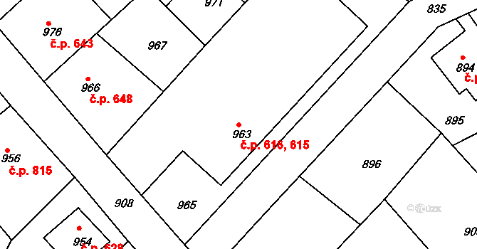 Odry 616 na parcele st. 963 v KÚ Odry, Katastrální mapa