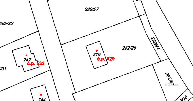 Lázně Toušeň 529 na parcele st. 819 v KÚ Lázně Toušeň, Katastrální mapa