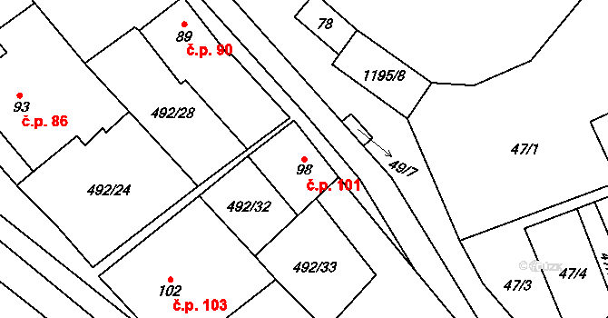 Šlapanov 101 na parcele st. 98 v KÚ Šlapanov, Katastrální mapa