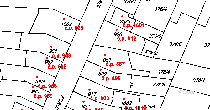 Bystřice pod Hostýnem 887 na parcele st. 951 v KÚ Bystřice pod Hostýnem, Katastrální mapa