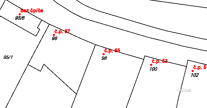 Milíčovice 55 na parcele st. 98 v KÚ Milíčovice, Katastrální mapa