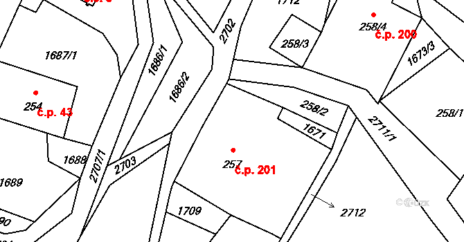 Valkeřice 201 na parcele st. 257 v KÚ Valkeřice, Katastrální mapa