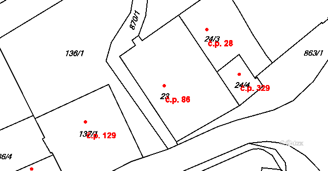 Černé Budy 86, Sázava na parcele st. 23 v KÚ Černé Budy, Katastrální mapa