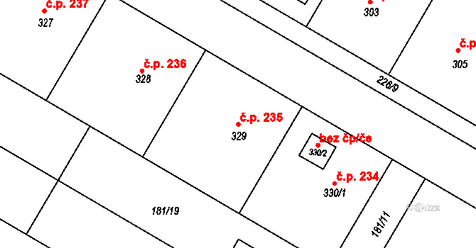 Výšovice 235 na parcele st. 329 v KÚ Výšovice, Katastrální mapa
