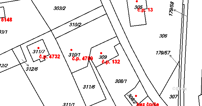 Rýnovice 132, Jablonec nad Nisou na parcele st. 309 v KÚ Rýnovice, Katastrální mapa