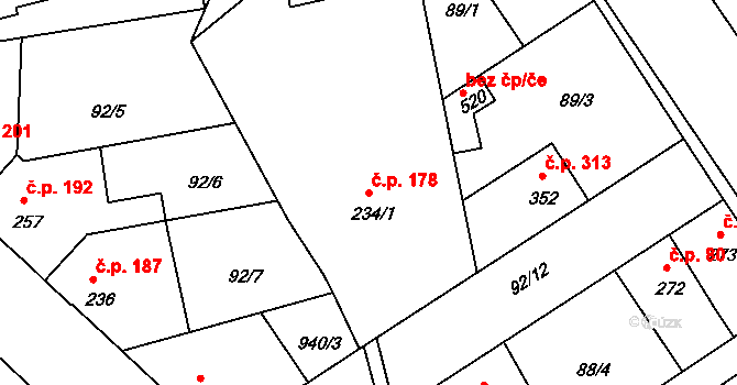 Lázně Toušeň 178 na parcele st. 234/1 v KÚ Lázně Toušeň, Katastrální mapa