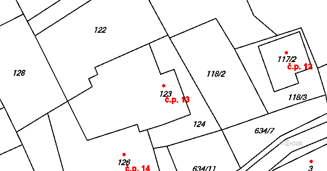Skalka u Doks 13 na parcele st. 123 v KÚ Skalka u Doks, Katastrální mapa