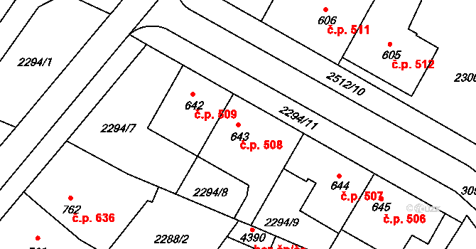 Kyjov 508 na parcele st. 643 v KÚ Kyjov, Katastrální mapa