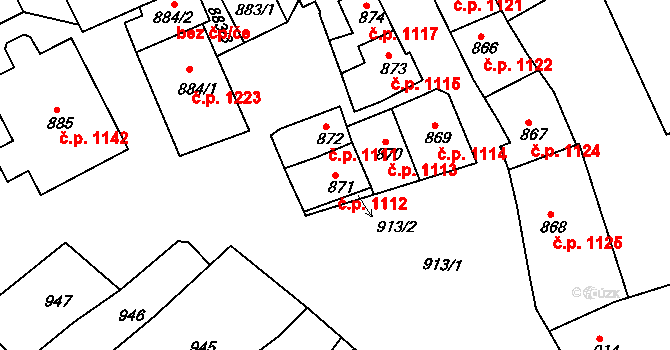 Rousínov 1112 na parcele st. 871 v KÚ Rousínov u Vyškova, Katastrální mapa