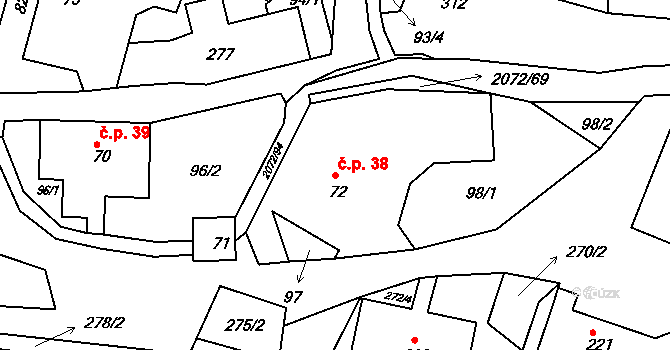 Liptaň 38 na parcele st. 72 v KÚ Liptaň, Katastrální mapa