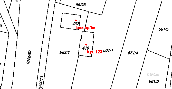 Rychaltice 123, Hukvaldy na parcele st. 418 v KÚ Rychaltice, Katastrální mapa