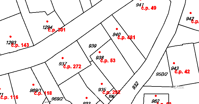 Úvaly 53 na parcele st. 938 v KÚ Úvaly u Prahy, Katastrální mapa