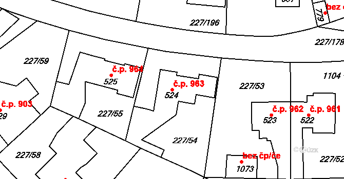 Švermov 963, Kladno na parcele st. 524 v KÚ Hnidousy, Katastrální mapa