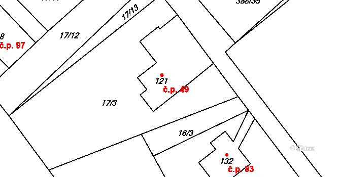 Horní Stakory 49, Kosmonosy na parcele st. 121 v KÚ Horní Stakory, Katastrální mapa