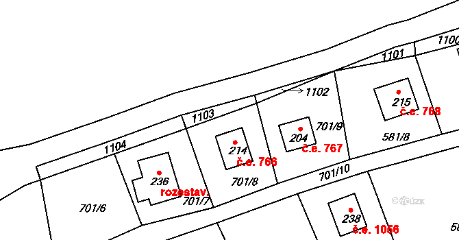 Dalov 766, Šternberk na parcele st. 214 v KÚ Dalov, Katastrální mapa