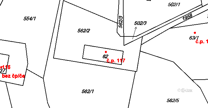 Krompach 117 na parcele st. 62 v KÚ Krompach, Katastrální mapa