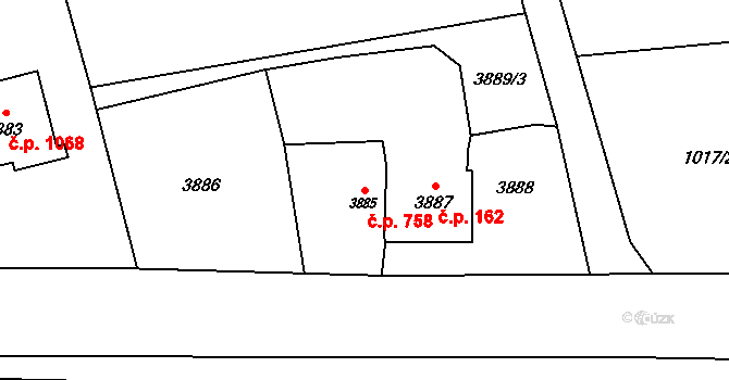 Dolní Lutyně 758 na parcele st. 3885 v KÚ Dolní Lutyně, Katastrální mapa